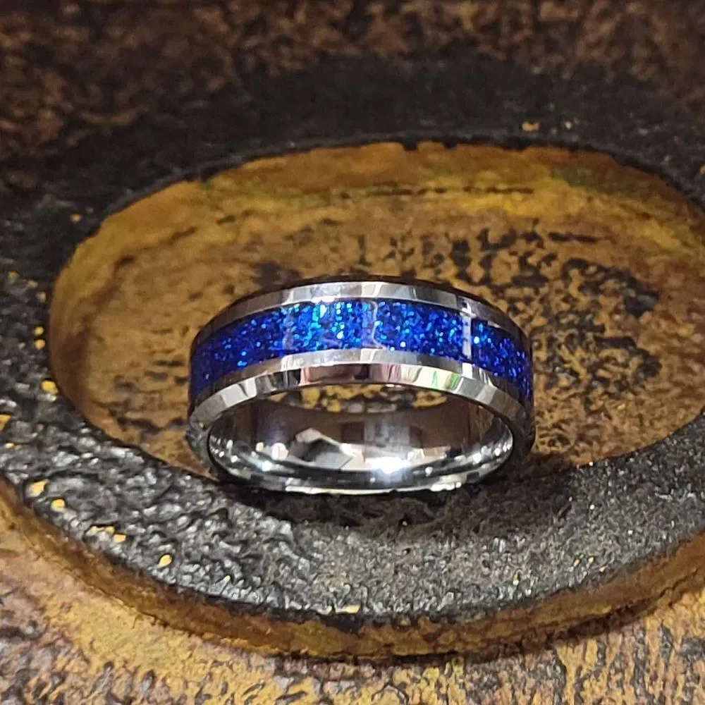 Personalized Men's Real Silver Tungsten Wedding Ring With Blue Galaxy Opal Inlay